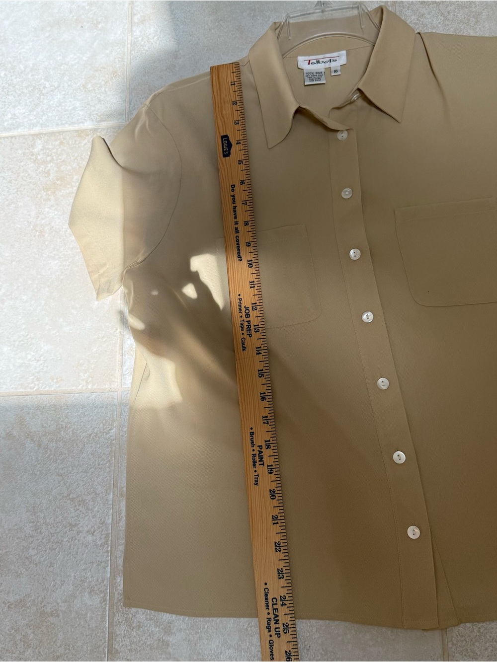 Talbots 100% silk short-sleeve button-down blouse in a tan/beige color size 16 - Picture 5 of 6